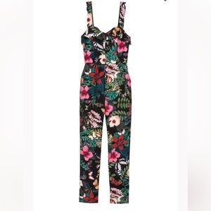 H&M Jumpsuit Romper Floral ruffle sleeve black red pink stretch size 8/38